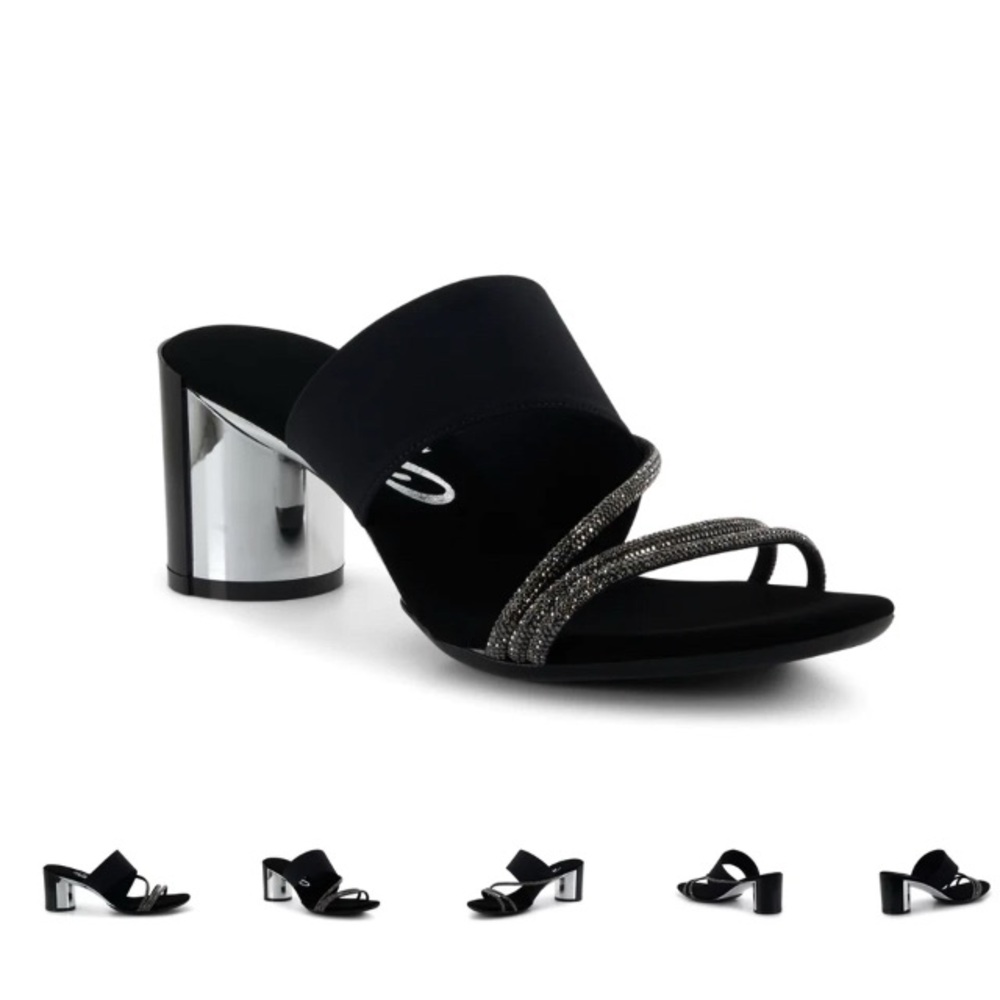 Onex Style Fetish Black Slip-On Block Heel Sandal with Metallic Accent size 9